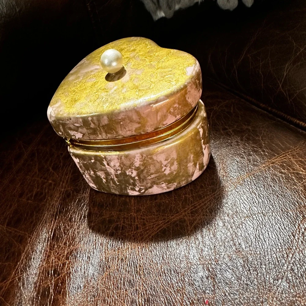 Handcrafted hand painted artisan ceramic pink gold jewelry trinket box